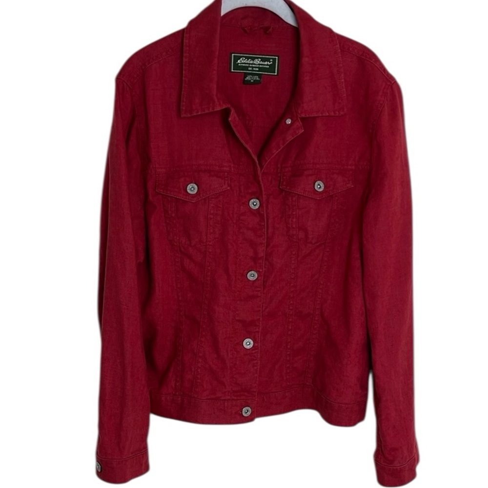 Eddie Bauer Red Linen Trucker Jacket Sz M
